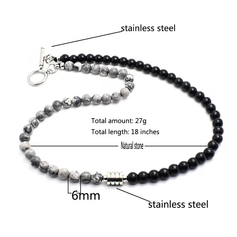 Fashion Mens Necklace 6mm Natural Map Obsidian Stone Collar Homme Hiphop Rock Punk Choker Colar Stainless Steel Circle Jewelry
